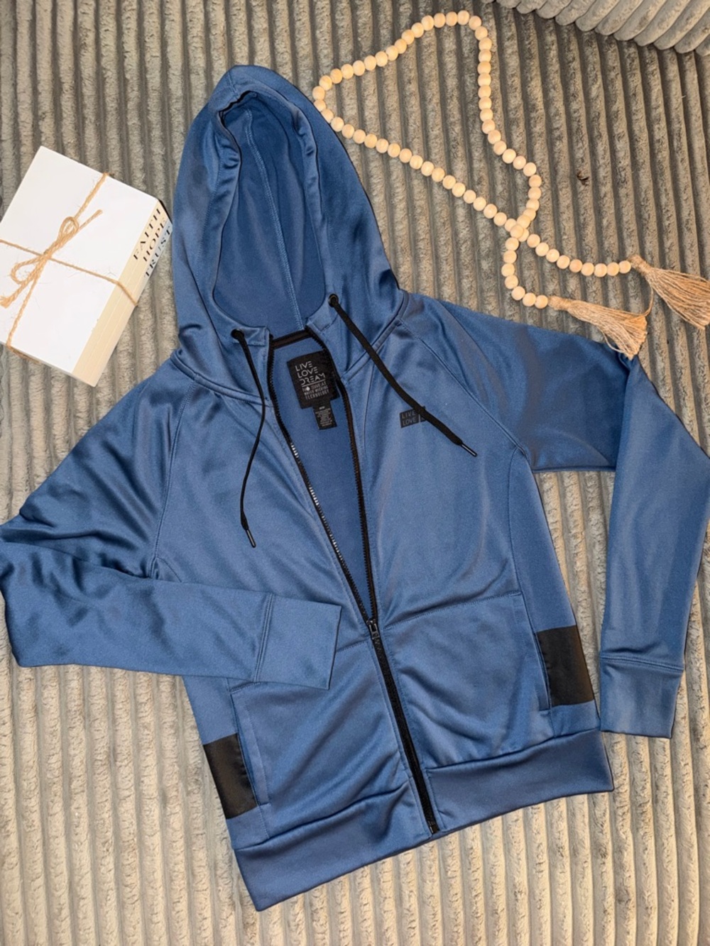 Blue Full-Zip Hooded Jacket with Black Accents